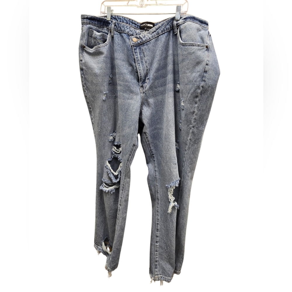 FASHIONNOVA DISTRESSED HIGH RISE WIDE LEG CROSSOVER WAISTBAND DENIM JEANS